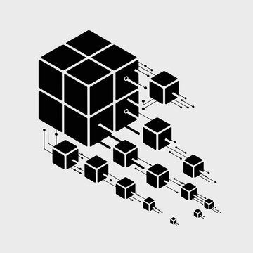 Dissecting geometric cube with modular links &ndash; Perfect for software scalability, infrastructure growth, or tech startup branding.
