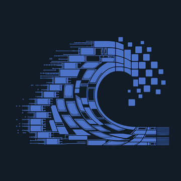 Flowing pixel wave with circuit board modules &ndash; Great for electronic innovation, data migration, or digital communication.