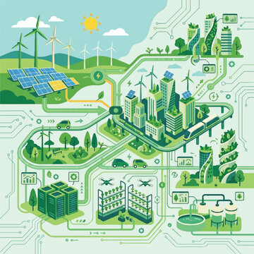 Minimalist AI-powered smart city vision for 2026, showcasing a modern, futuristic sustainable urban ecosystem with green technology and interconnected infrastructure