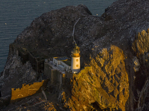 Aerial view of Bass Rock Lighthouse perched on the steep volcanic cliffs with nesting gannets under golden sunset light North Berwick, Scotland, United Kingdom.