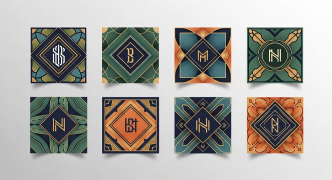 collection of eight ornate square art deco frames with monograms.
