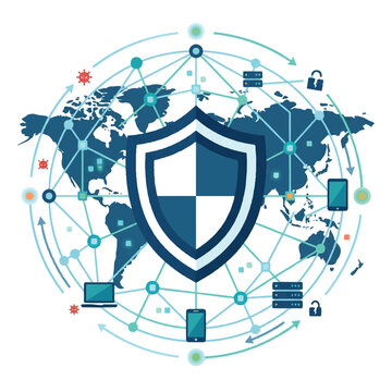 modern 2026 futuristic minimal AI network security concept with global connections and digital shield protecting data assets