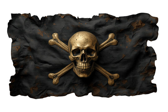 Golden skull with crossed bones appearing on a torn, grimy black pirate flag, conveying themes of warning, adventure, and death