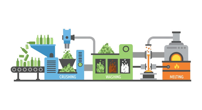Recycling process illustration with crushing, washing, and melting stages
