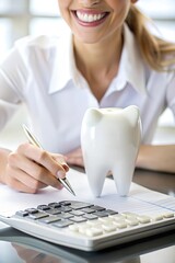 White Tooth In Front Of Woman Calculating Bill