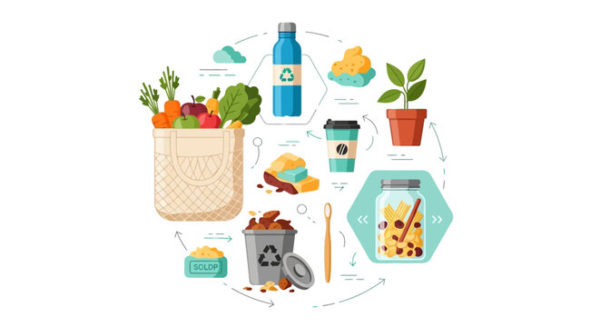 Eco-friendly lifestyle concept with reusable and recyclable items illustration
