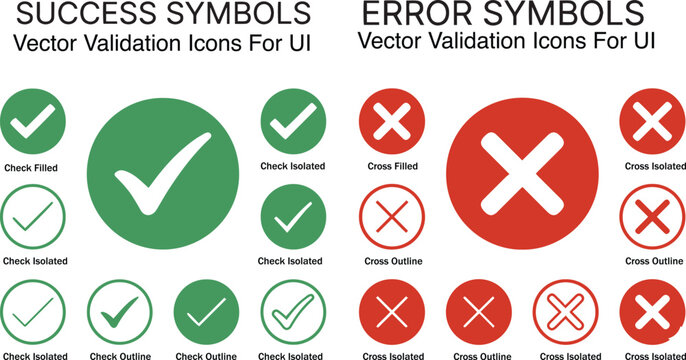 Success tick and error cross symbol set validation icons vector