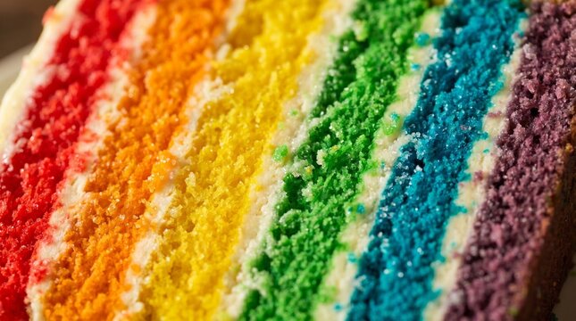 Macro close-up of a vibrant rainbow layer cake with white buttercream frosting. Colorful baked dessert, LGBTQ Pride Month celebration, and festive party concept.