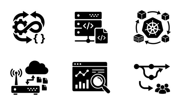 DevOps Icons Set, Software Development Workflow, Cloud Computing, Data Analysis, Agile Methodology, Kubernetes Cluster, Technology Vector Graphics