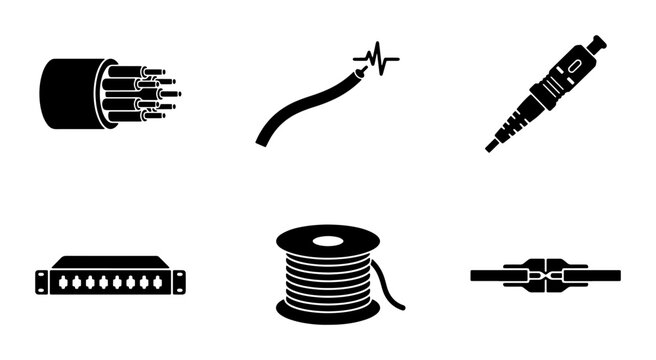 Fiber Optic Cable Icons, Network Connector Symbols, Data Transmission Technology Graphics, 6 Vector Elements Set