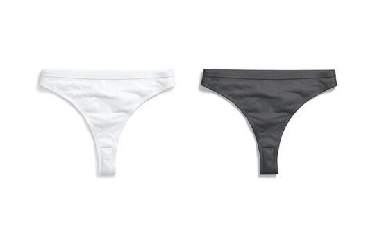 Blank black and white women thong underwear mockup png, transparent background, 3d rendering. Empty female slips underwear mock up cut out. Clear fabric bottom tankini lace underclothing template.