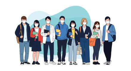 Obraz premium Group of diverse college students standing together wearing face masks for health protection in academic environments in flat vector style.