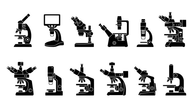 Microscopes set with various designs and styles for scientific use featuring laboratory, research, biology with chemistry and medical elements for