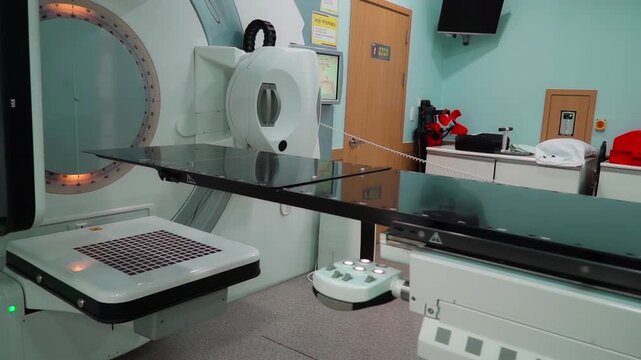 Close-up of a medical linear accelerator in therapeutic oncology. C