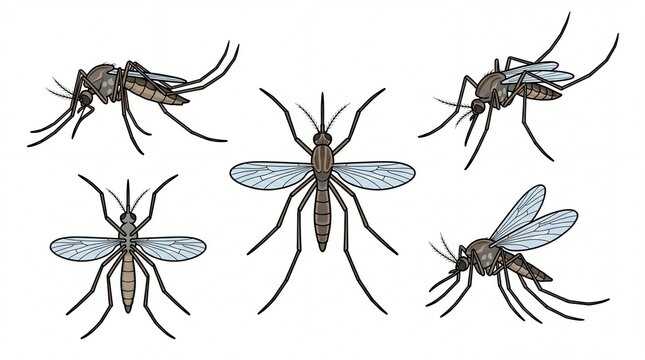 Detailed collection of flying mosquitoes shown from multiple angles for scientific study on white background