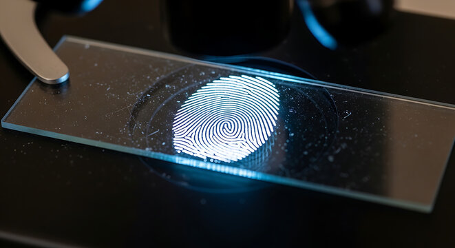 Close-up of a Glowing Blue Fingerprint on a Glass Microscope Slide in a Forensic Lab