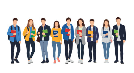 Obraz premium Diverse college students carrying books and backpacks representing student life and higher education concepts in flat vector illustration.