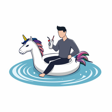 Man Relaxing on Unicorn Float with Drink