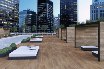 Urban rooftop terrace with wood look tile floor and skyscraper view at night 3D render © Enrique