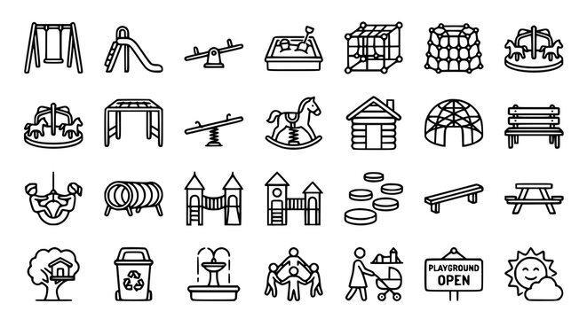 Kids playground outline icon set with preschool park activity vector illustrations