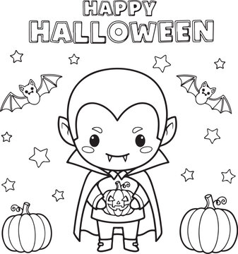 Cute Vampire Coloring Page for Kids Happy Halloween Vector Art