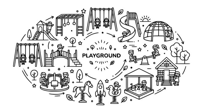 Creative kids playground vector icon set with preschool park and recreation symbols