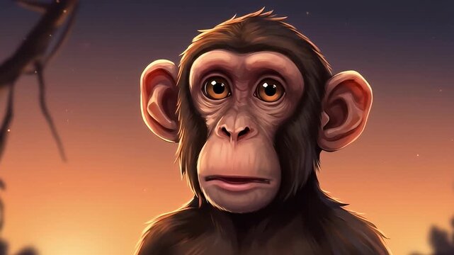 Portrait of a brown monkey with wide eyes against a soft gradient sunset background