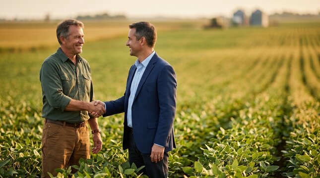Two men shaking hands in a soybean field at sunset for business deal