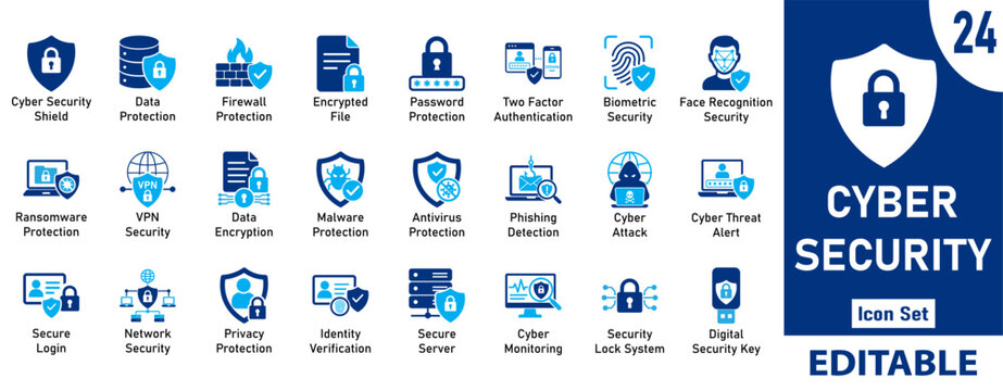 Cyber Security and Data Protection Vector Icon Set. Editable Minimal Icons for Network Security, Encryption Systems, Authentication Technology, Threat Detection and Secure Digital Access.