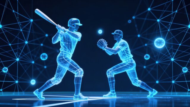 Digital baseball players in blue wireframe