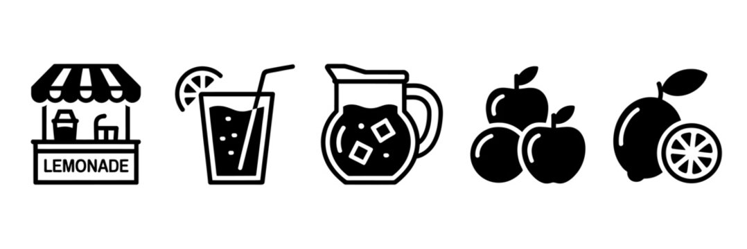 Black and white lemonade stand icons with drinks and fruits