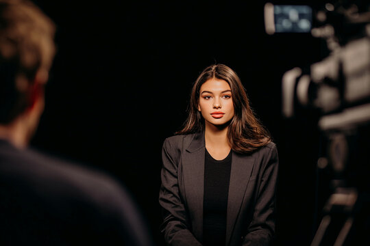 Woman during tv interview. Studio for photo video production filming with lighting equipment and cyclorama, close shot blurred camera display recording actress sitting on chair.