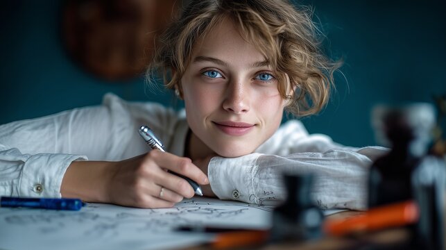 Creative female student working at wooden table