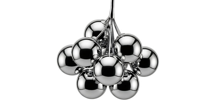 Abstract chrome spheres hanging in a bunch, shiny metallic balls cluster on white background