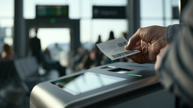Close-up of travel ticket verification at digital terminal