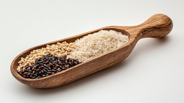Wooden scoop with three types of rice white, brown, and black.