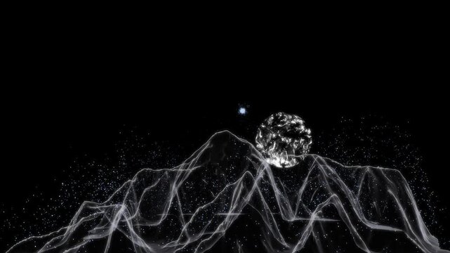 Mountain range silhouette rendered in ethereal white glowing lines against a black space background with a bright lunar orb and distant stars