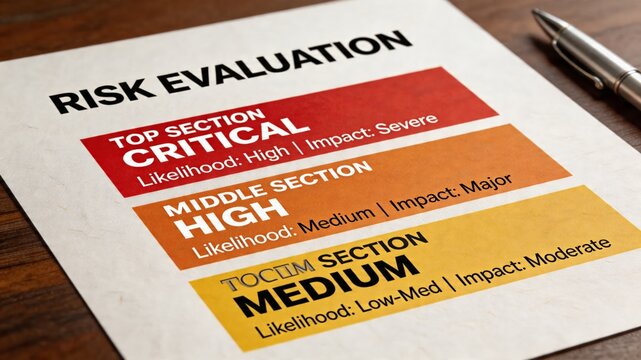 A risk evaluation matrix on a paper with a pen on a wooden desk for assessment and risk management, used for business and finance analysis
