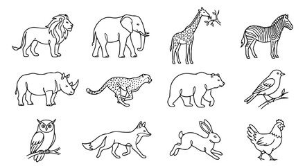 Wild and farm animal outline icons set modern linear wildlife vector illustration collection © MdArif