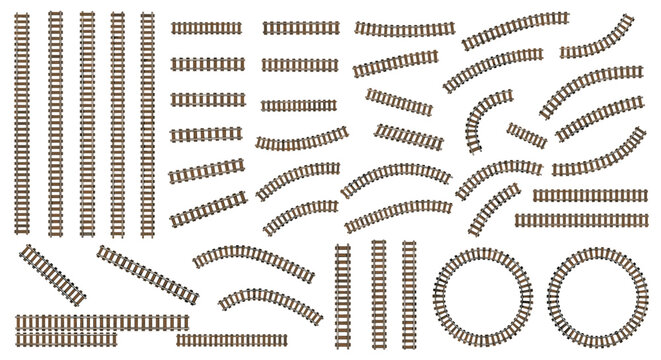 Large collection of various railway track sections including straight curved and circular pieces for train set layout and transport themes.