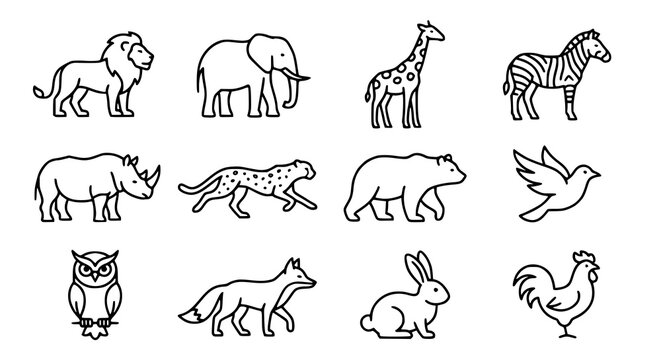 Savanna and wild animal line icon set minimalist outline zoo animals vector collection