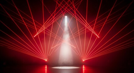 Red laser light beams illuminating smoky stage, abstract concert background, vibrant show effect