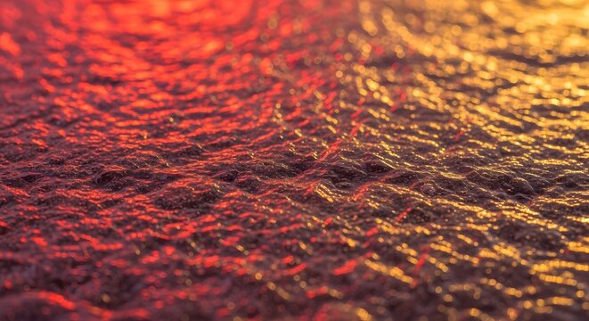 Close-up of molten lava with vibrant red and orange hues reflecting light on its textured surface.