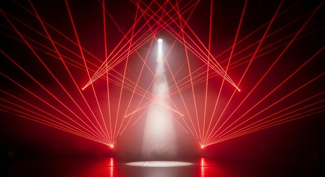 Red laser light beams illuminating smoky stage, abstract concert background, vibrant show effect