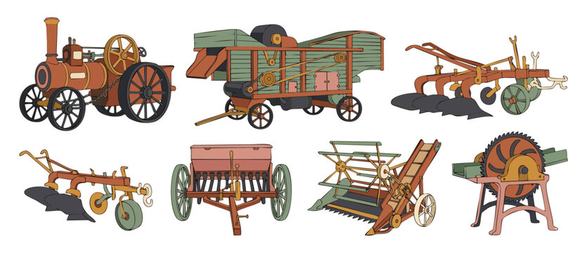 Vintage Farm Equipment Set, Antique Agricultural Machinery Icons, Old Tractor Plow Thresher and Seeder Tools, Historical Farming Technology Vector Illustration for Educational Design and Rustic Projec