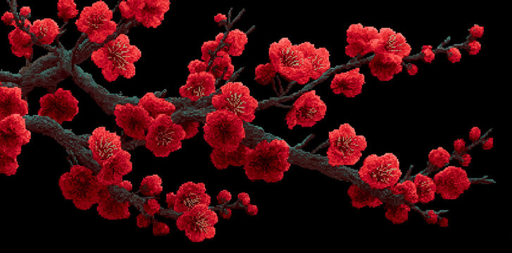 -a branch of red plum blossoms with numerous flowers, in the pixel art style, against a black background, 3d rendering, 