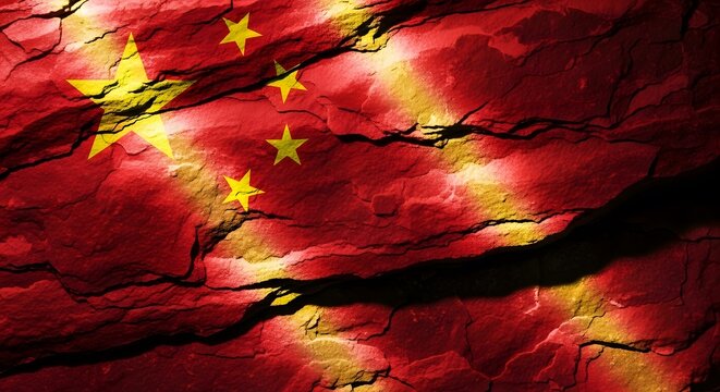 The Chinese flag is depicted with a cracked and worn appearance, featuring five yellow stars on a red background with a large black fissure.