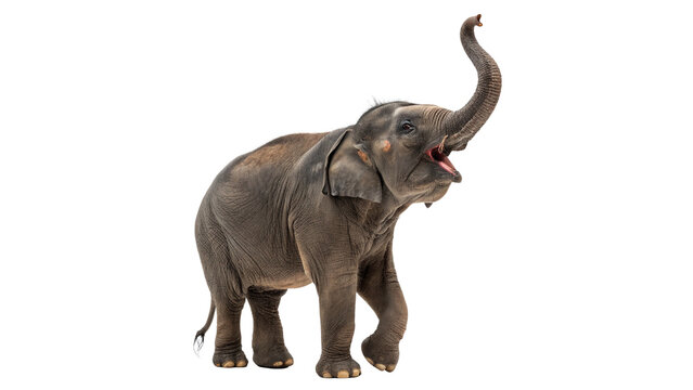 A beautiful side view of a large grey African elephant calf raising its trunk isolated on transparent background