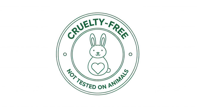 Circular cruelty-free badge with a rabbit and heart symbol in pale green neon outline style on a solid black background