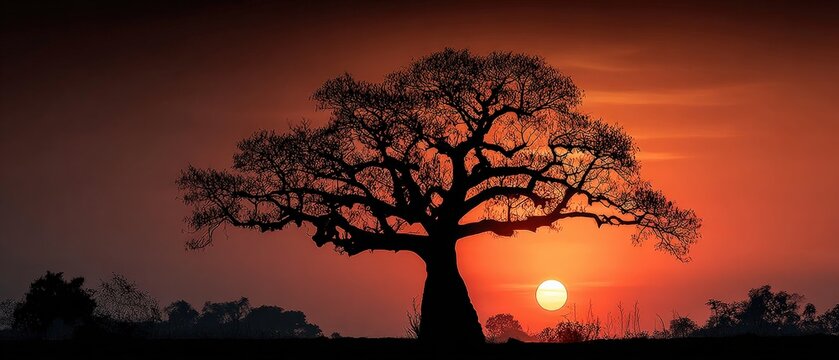 African baobab tree with vivid red sunset background